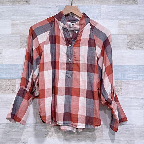 JOIE Dia Plaid Henley Double Cloth Top Brown Orange 3/4 Sleeve Cotton Womens XS - Picture 1 of 9